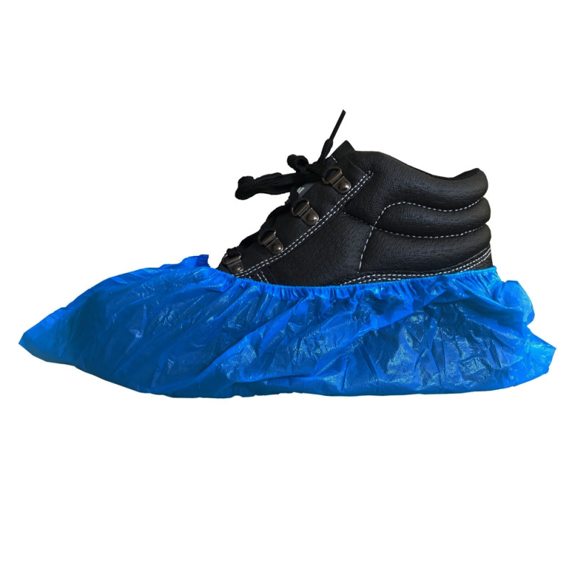 Couvre chaussure jetable en CPE bleu, grandeur universelle.